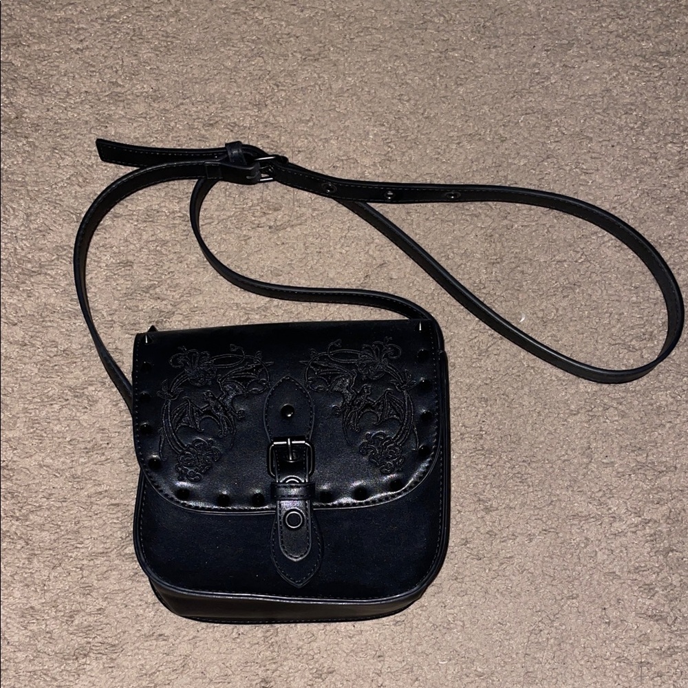 Disturbia Embroidered Bat Black Leather Crossbody Bag